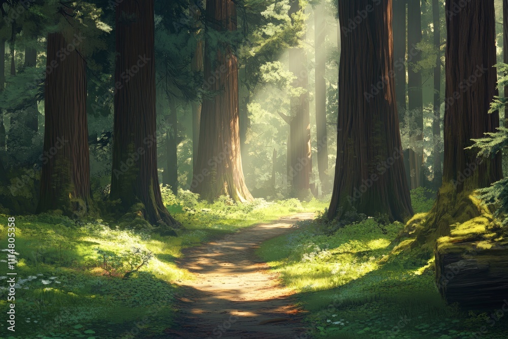 Serene forest pathway illuminated by soft sunlight. Generative AI