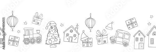 Vector seamless stripe with Christmas doodle toys.