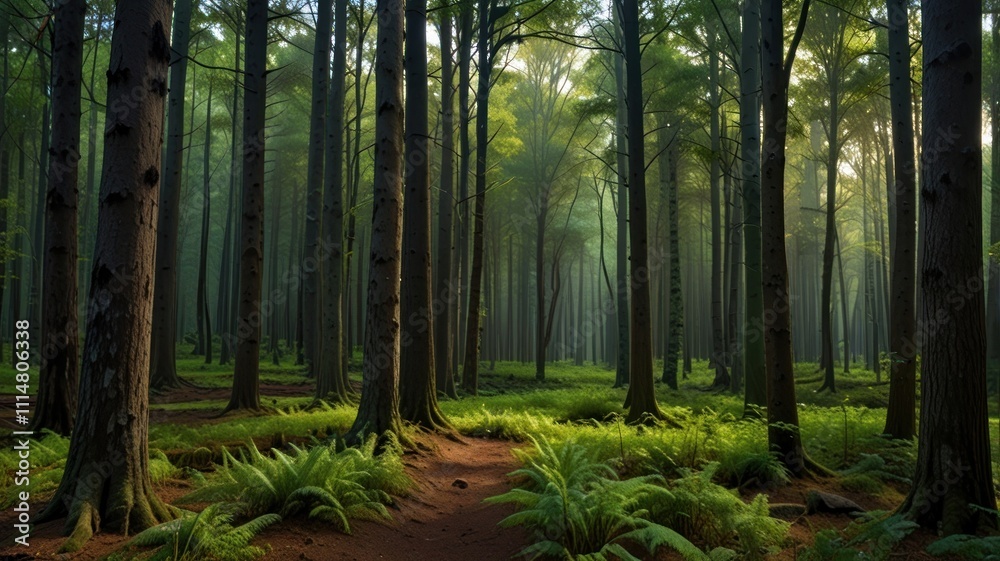 Obraz premium Sunlit path through misty forest with ferns.