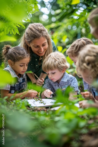 Group of primary school children exploring insects in a school garden, using magnifying glasses and notebooks