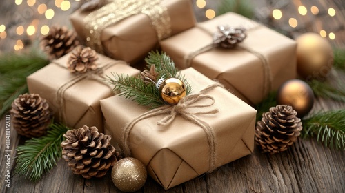 Holiday gifts beautifully wrapped with natural decorations on a wooden surface surrounded by pine cones and festive lights