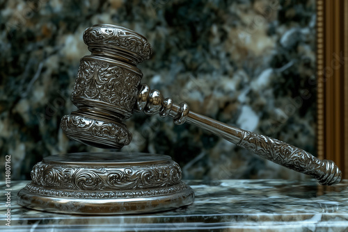 A heavy silver gavel rests on a decorative pedestal with elegant engravings on dark marble photo