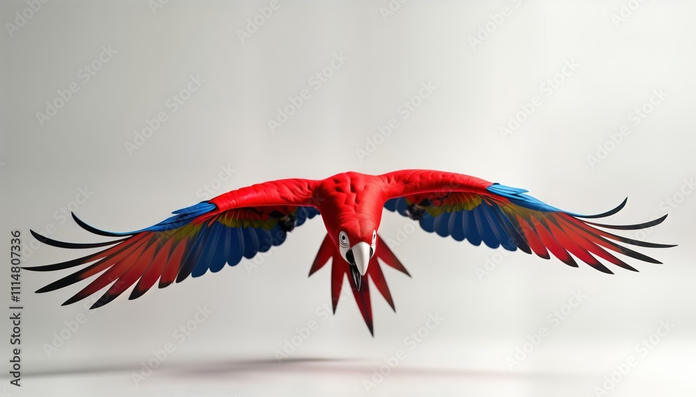 Obraz premium Vibrant macaw soars through air against white backdrop. Parrot vibrant colors, wingspan. Exotic bird in flight displays nature beauty. Wildlife photo captures tropical bird in free flight. Isolated
