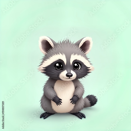 Cute raccoon with big eyes stands on pastel mint background. Adorable wildlife art piece in soft colors. Simple composition. Raccoon central figure in image. Minimalist style. Animal art for kids photo