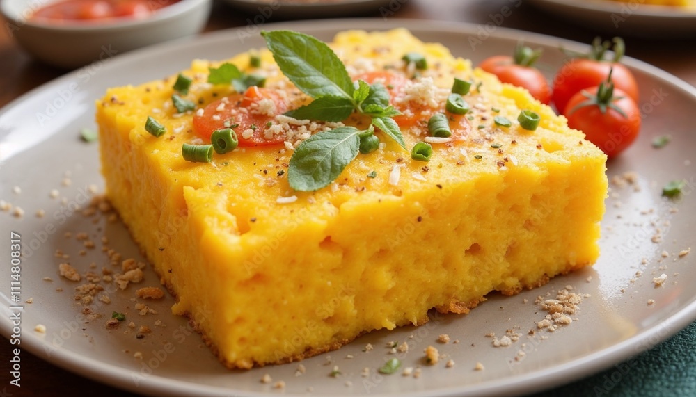 Square-shaped polenta with crispy edges and creamy center, garnished with fresh basil, chives, and tomato sauce, on a neutral-colored plate Square-shaped polenta with crispy edges and creamy center, garnished with fresh basil, chives, and tomato sauce, on a neutral-colored plate