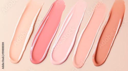 Explore a seamless gradient of luxurious gloss shades showcasing light pink, beige, peachy, light brown, and dark dusty pink on an elegant neutral background