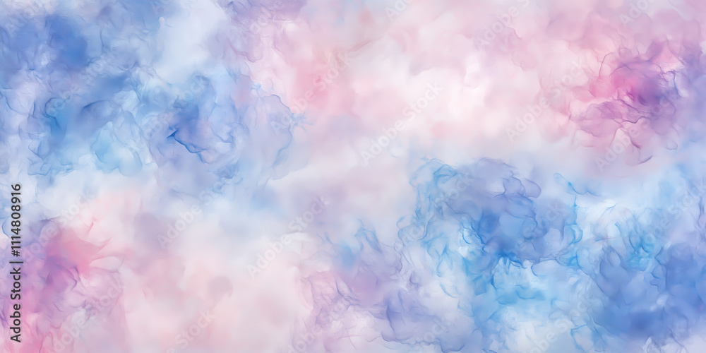 Fototapeta premium A colorful abstract watercolor design with cloud-like textures in pastel tones of pink, blue, and white, blending softly to create a dreamy and artistic visual effect.