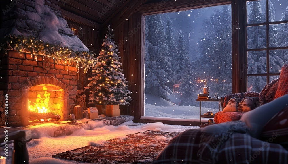 Holiday cabin stay with vibrant snow, cozy fireside, soft lighting Holiday cabin stay with vibrant snow, cozy fireside, soft lighting