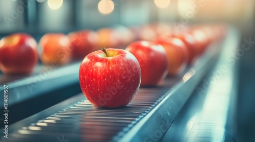Fresh red apples on a conveyor belt in a processing facility during harvest season