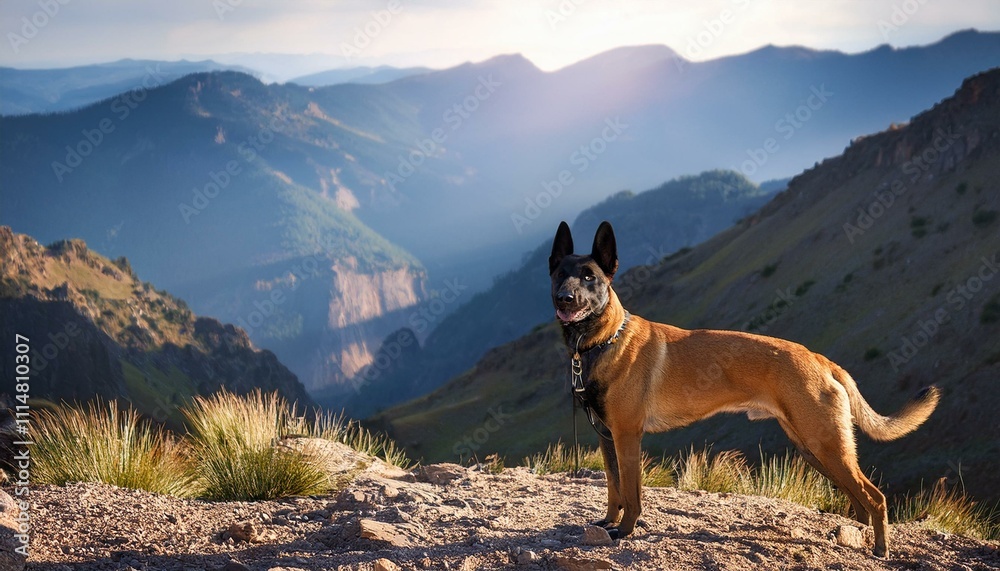 A Belgian Malinois standing at attention near a rugged mountain trail A Belgian Malinois standing at attention near a rugged mountain trail