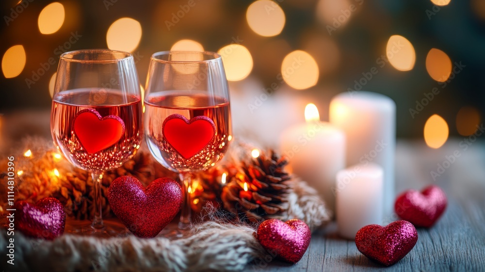 A romantic table setting featuring candles, wine glasses adorned with hearts, and festive decorations for an enchanting Valentine's Day atmosphere. A romantic table setting featuring candles, wine glasses adorned with hearts, and festive decorations for an enchanting Valentine's Day atmosphere.