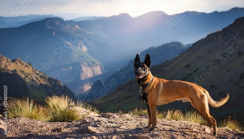 A Belgian Malinois standing at attention near a rugged mountain trail