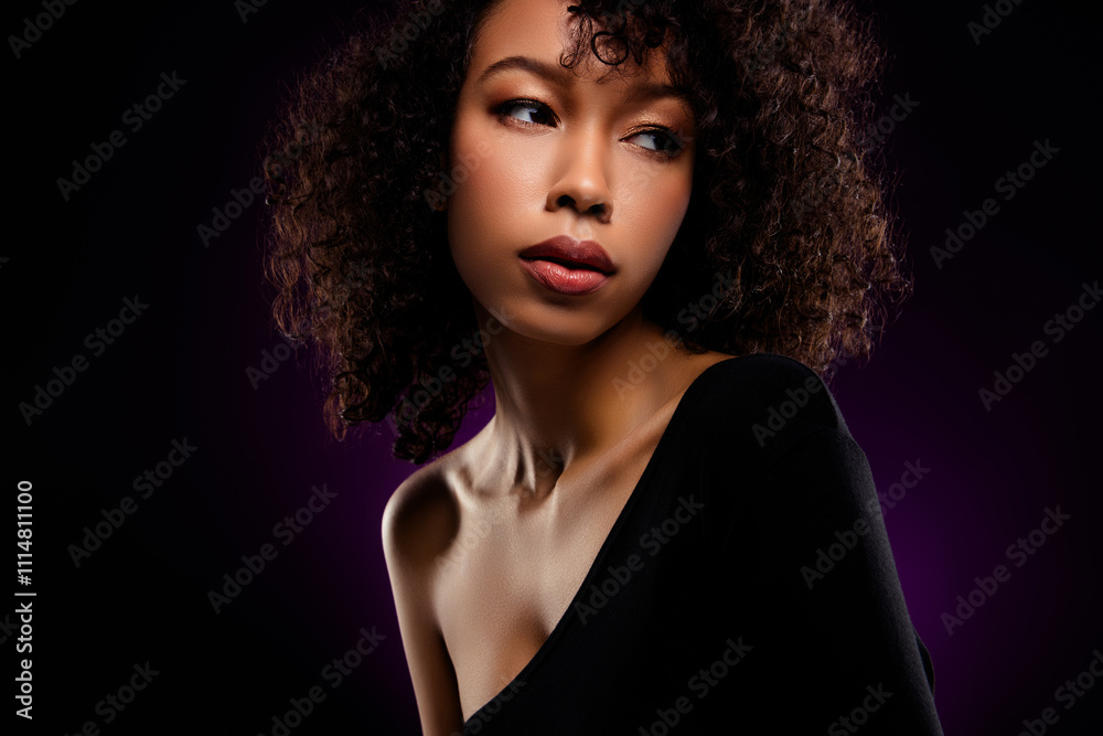 Fototapeta premium Photo of stunning gentle tender lady wear black bodysuit isolated on dark purple background