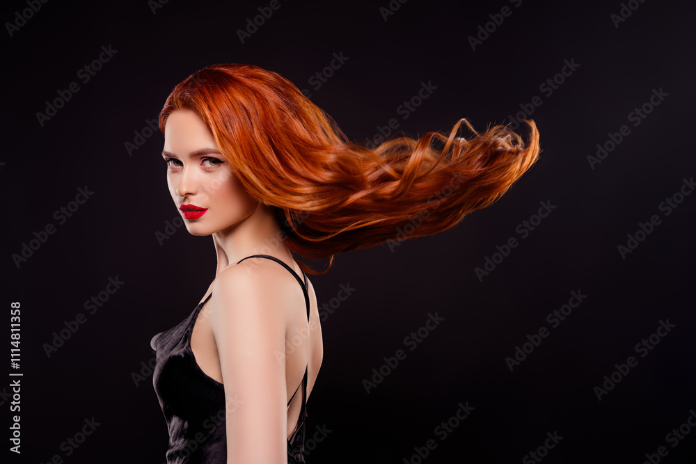 Naklejka premium Photo of sexual stunning gorgeous fashion lady fluttering hair spa salon wear dress isolated on black color background