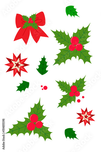 Colorful set of holly, ribbon and red decoration elements. Fun, cheerful and holiday-inspired composition. Vivid holiday palette, makes it perfect for seasonal themes, Christmas cards, or festive 