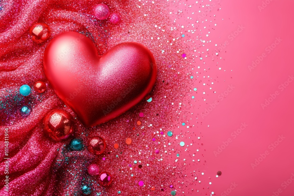 Obraz premium A vibrant red heart adorned with glitter rests against a soft pink background, capturing the essence of love and celebration for Valentine's Day.