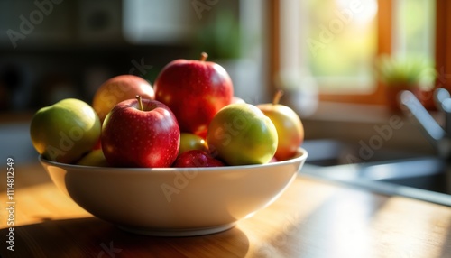 Fresh red, green apples in white bowl on wooden kitchen countertop. Sunlight streams in through window. Healthy, delicious fruit. Ideal for healthy lifestyle, diet related photos. Home cooking, food photo