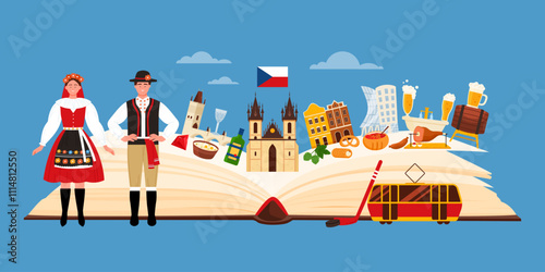 Creative illustration of an open book with Czech cultural icons such as Prague Castle, folk costumes, beer, and traditional foods, representing Czech history, traditions, and landmarks.