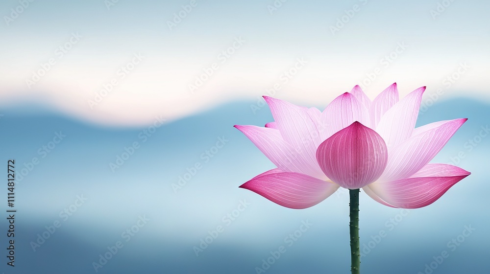 Obraz premium a pink flower against a blue sky and a sharp view of water in the foreground