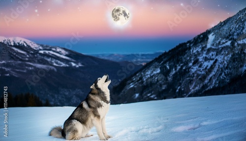 A malamute howling at the moon in a mountainous winter landscape photo