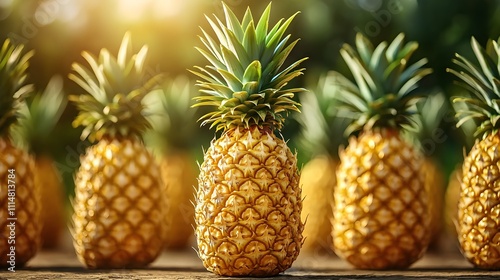 Close-up of ripened pineapples in the field, their rough skin and green crowns standing tall against the sun, ready for harvest