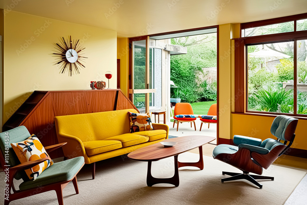 Fototapeta premium a living room with a yellow couch and a coffee table