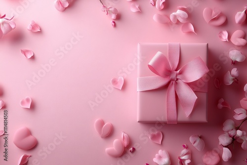 A charming pink gift adorned with a delicate bow and scattered petals, perfect for celebrating love on Valentine's Day.