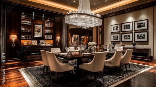 Luxurious formal dining room with a large crystal chandelier, dark wood furniture, and framed artwork.