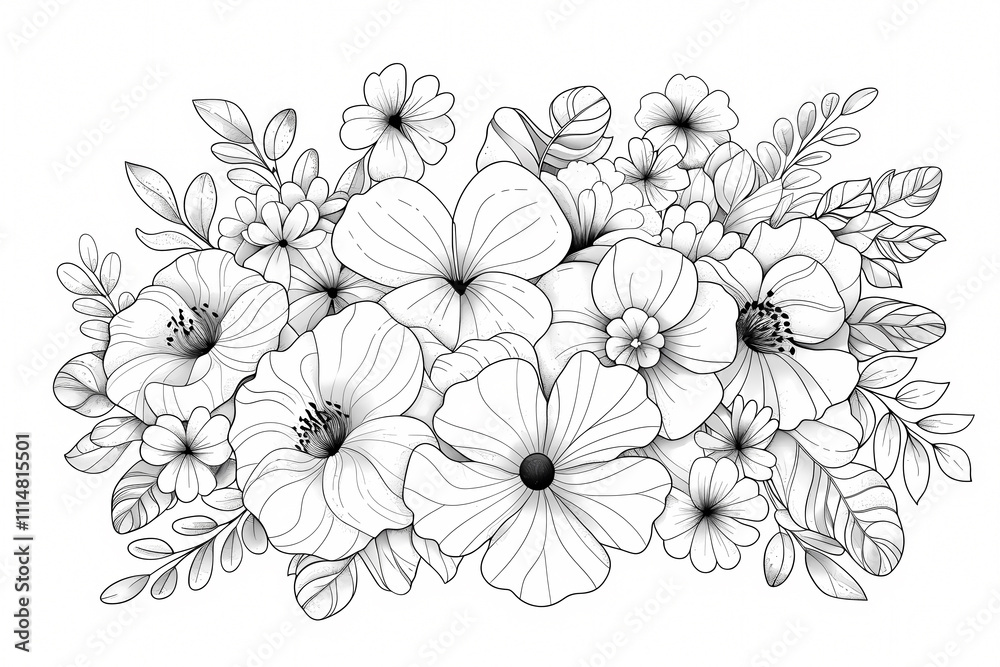Obraz premium Black and white floral illustration featuring various flowers and leaves, showcasing intricate details and a delicate aesthetic.