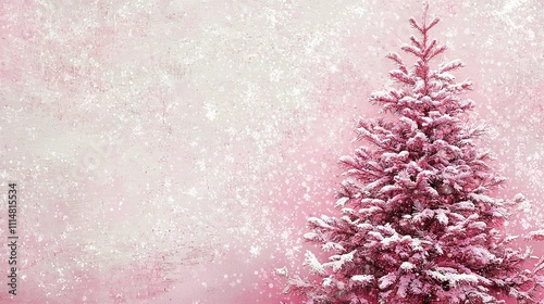   A pink Christmas tree stands in front of a pink wall, with snowflakes adorning its top and bottom