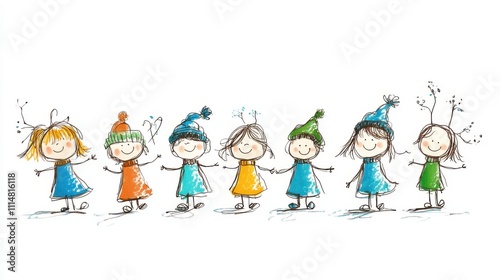 Happy children in colorful dresses and hats dancing together on a white background, playful and charming illustration