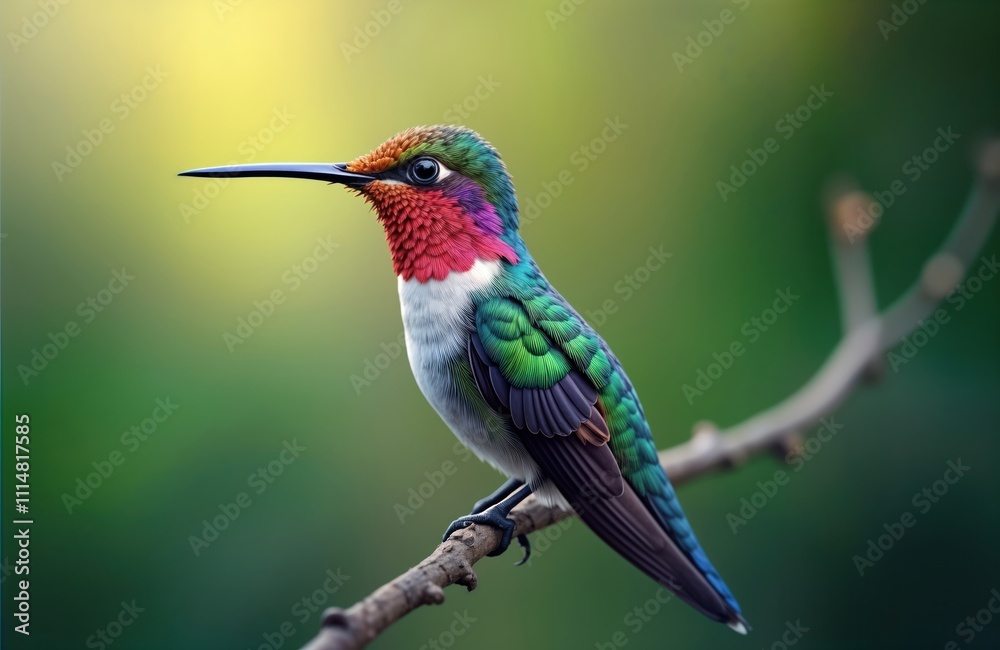 Fototapeta premium Adorable hummingbird with vivid plumage sits perched on branch. Tiny beak prominent against blurred natural background. Bird feathers display mix of vibrant colors. Habitat green environment.
