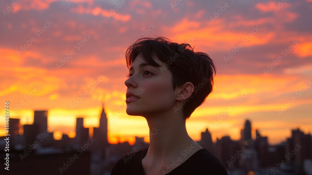 Fototapeta premium beautiful woman with short hair on a sunset with a view of the city