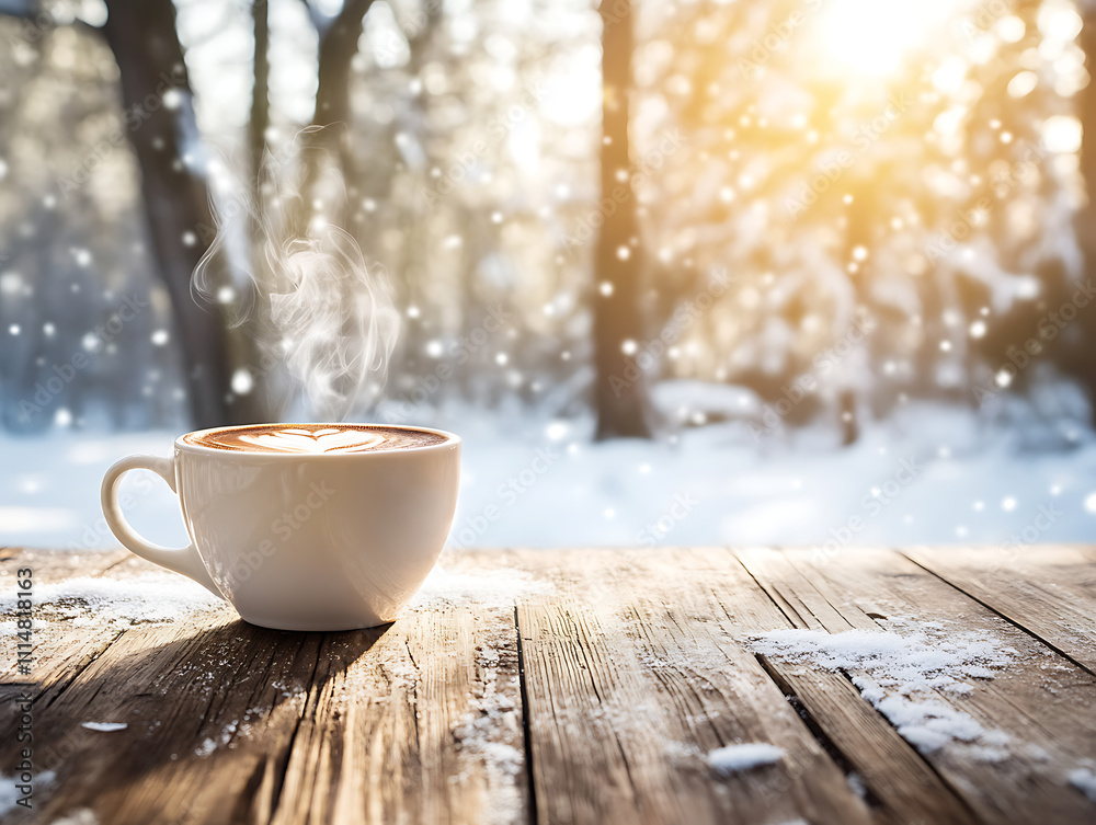 Obraz premium Hot steaming coffee cup standing on wooden table with background of winter forest