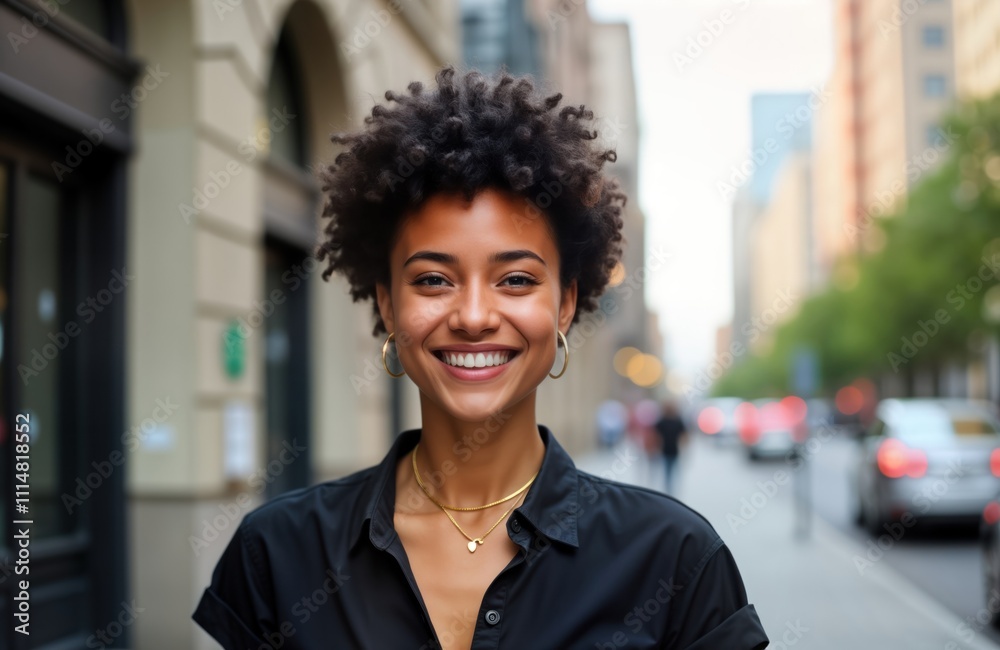 Happy non-binary person smiles on urban street. City street scene with blurred background. Portrait of person. Positive emotions in city setting. Modern portrait style. Joyful, vibrant expression. Happy non-binary person smiles on urban street. City street scene with blurred background. Portrait of person. Positive emotions in city setting. Modern portrait style. Joyful, vibrant expression.