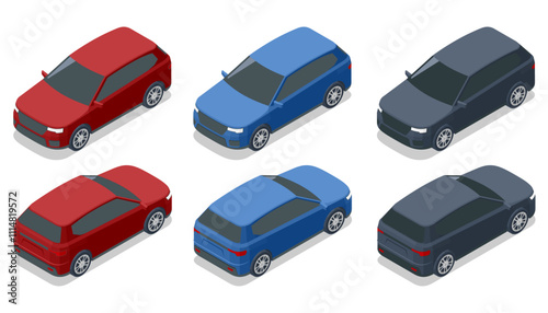 Isometric Compact crossover, SUV, 5-door station wagon car. Template vector isolated. Off-road write car Modern VIP transport.