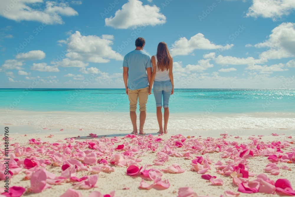 Fototapeta premium Two individuals stand on a beach adorned with flower petals, symbolizing love and romance on Valentine's Day.