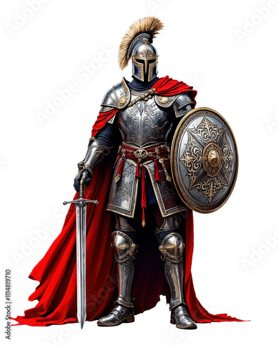 An Illustration of a Knight in Historical Armor with Sword and Red Cloak. Transparent PNG. Perfect for historical content, artistic projects, designs or video projects. 