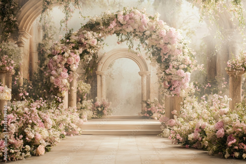 Fototapeta premium A romantic archway adorned with vibrant flowers leads to a charming stone floor, creating an enchanting setting for Valentine's Day celebrations.