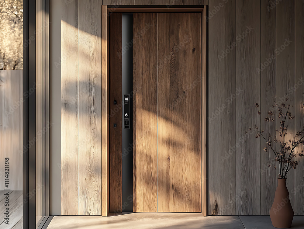 Fototapeta premium Doorway with digital locking on wood door, digital door handle with wood oak door panel