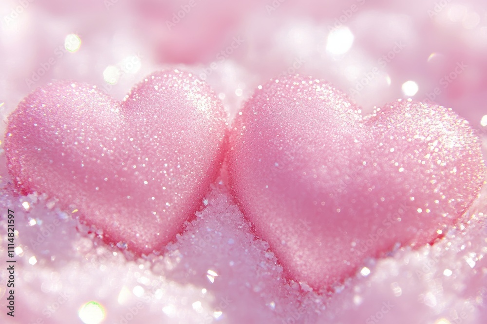 Fototapeta premium Two soft pink hearts rest gently on a pristine bed of white snow, symbolizing love's warmth amidst a chilly backdrop.