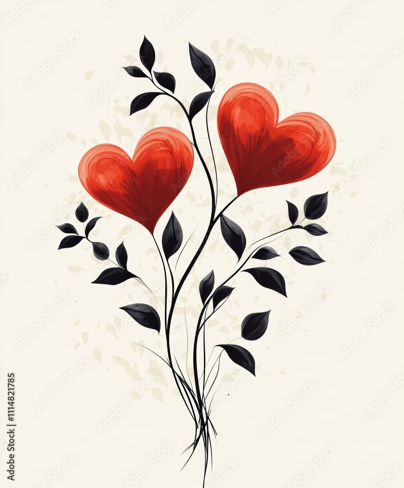 Two vibrant red hearts hang delicately on a leafy branch, symbolizing love and connection, perfect for Valentine's Day themes. Two vibrant red hearts hang delicately on a leafy branch, symbolizing love and connection, perfect for Valentine's Day themes.