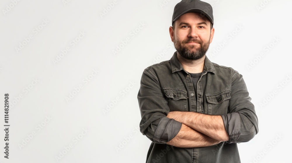 Fototapeta premium Professional electrician posing confidently with folded hands against a clean white background
