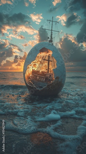 Surreal depiction of a sailing ship encased in a broken egg, set on waves under a vibrant sunset sky. This creative fusion evokes themes of mystery and exploration. AI generated. photo