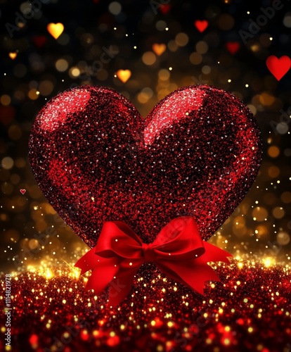 A close-up view of a heart-shaped object elegantly adorned with a vibrant red bow, symbolizing love and affection for Valentine's Day.