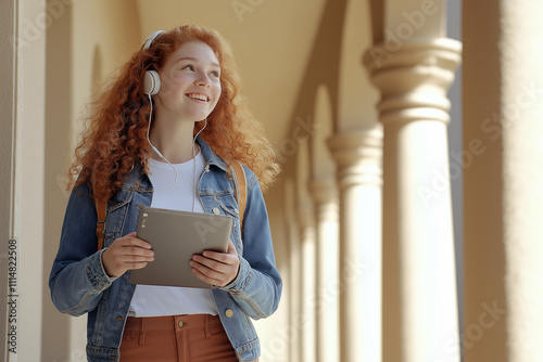 Junge Frau mit Tablet und Smartphone in einer historischen Umgebung

 photo