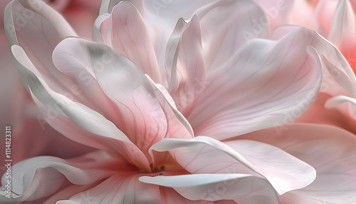 A delicate close-up of soft pink and white petals, showcasing the intricate details of the flower's structure.