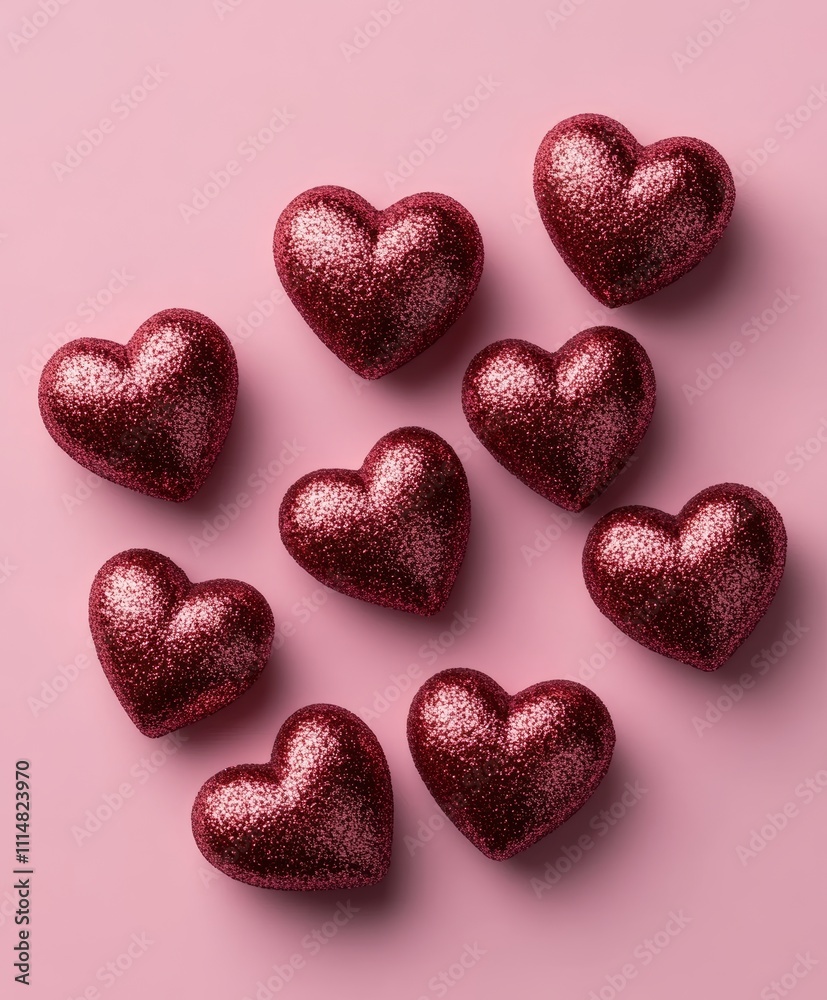 Fototapeta premium A close-up view features vibrant red hearts scattered on a soft pink background, symbolizing love and affection for Valentine's Day.