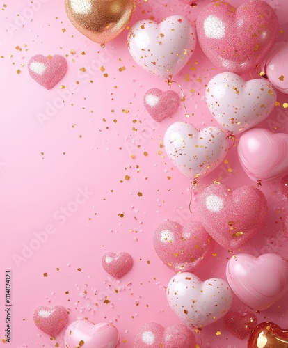 A festive arrangement of pink and white balloons alongside shimmering gold hearts set against a soft pink backdrop, perfect for Valentine's Day celebrations.