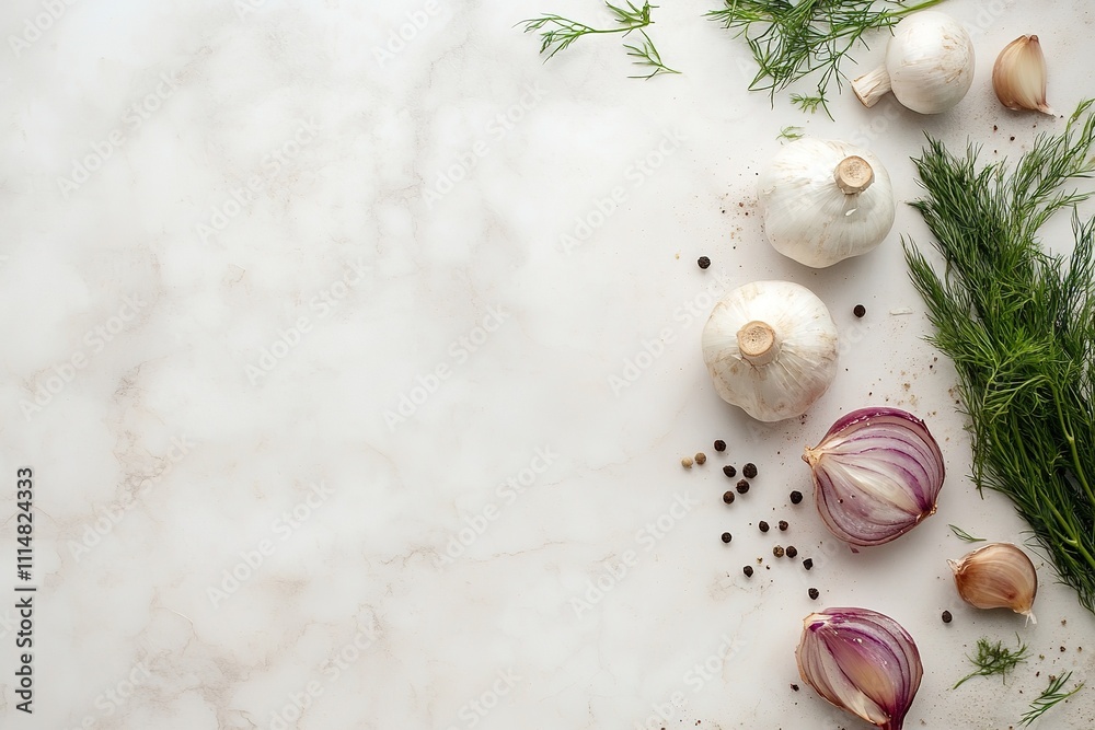 Obraz premium Fresh garlic and herbs on marble background, space for text